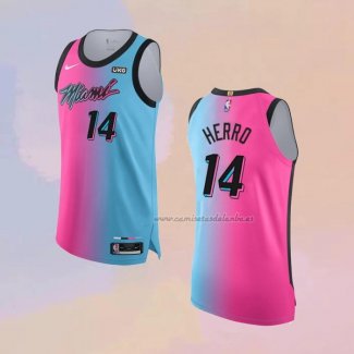 Camiseta Miami Heat Tyler Herro NO 14 Ciudad 2020-21 Autentico Azul Rosa