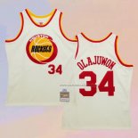 Camiseta Houston Rockets Hakeem Olajuwon NO 32 Mitchell & Ness Chainstitch Crema